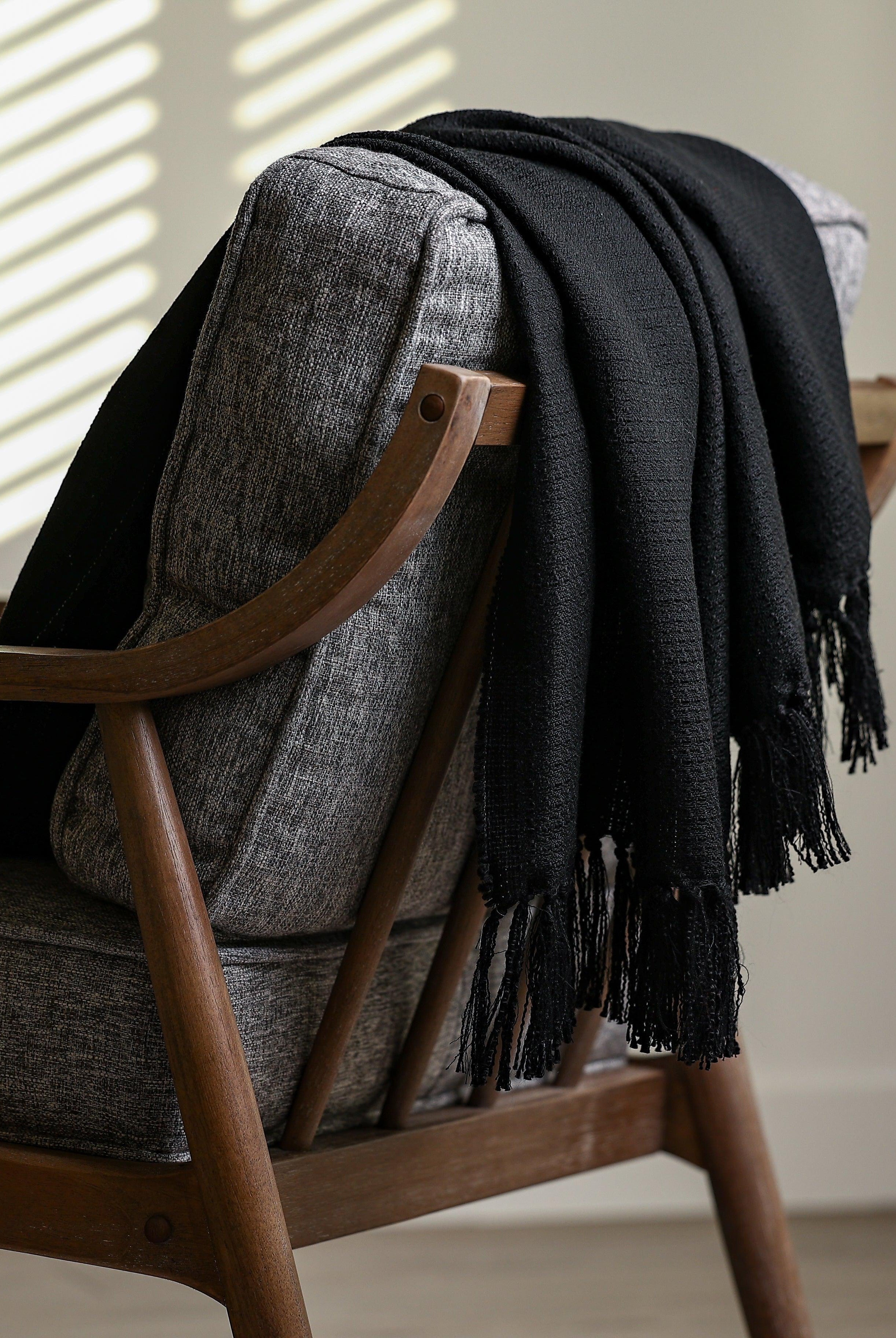 SOLID BLACK CHUNKY TEXTURED THROW BLANKET - Boucle Home