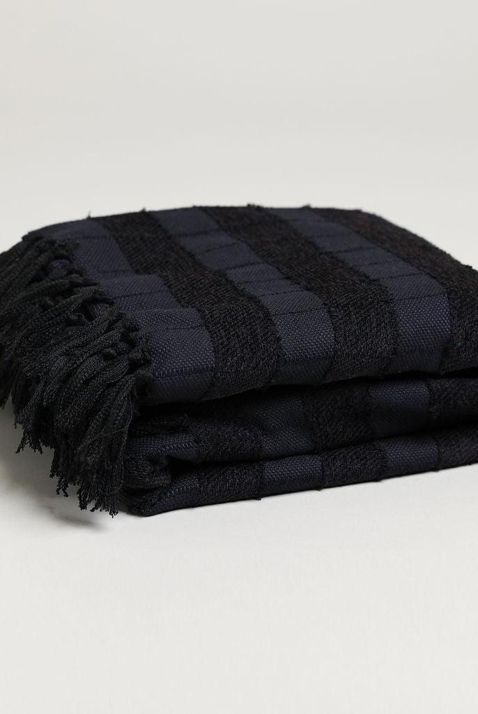 TEXTURED NAVY CHENILLE STRIPED THROW BLANKET - Boucle Home