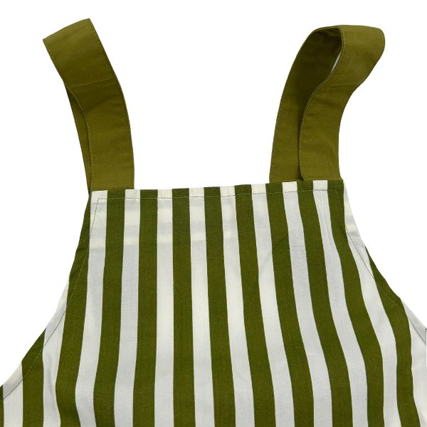 collar of green apron with white stripes