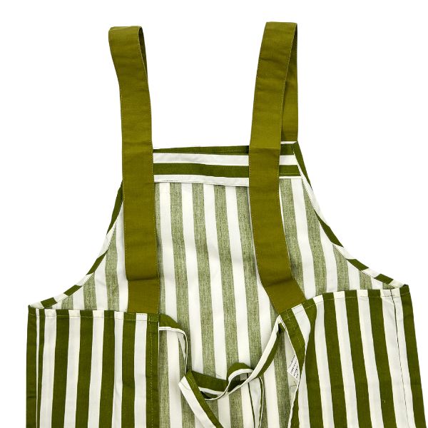 back of green apron with white stripes