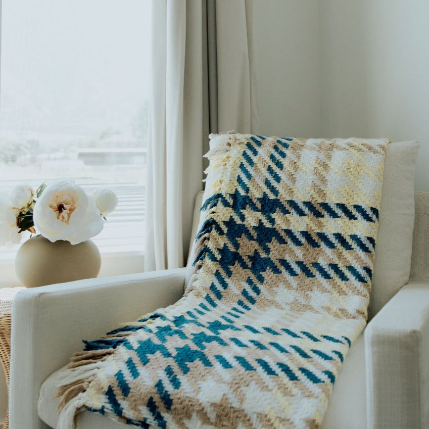 yellow blue and white houndstooth throw