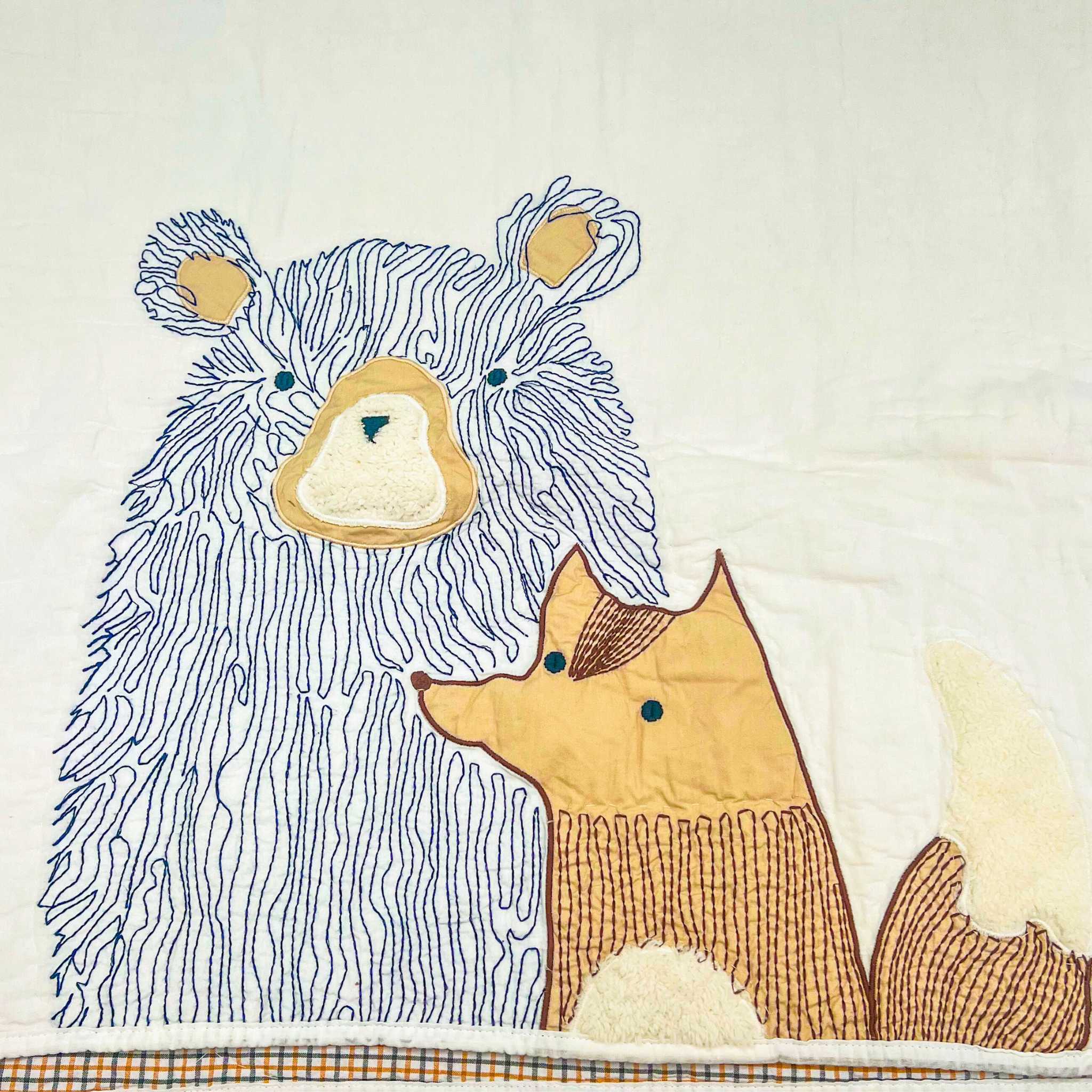 blue bear and orange fox baby blanket