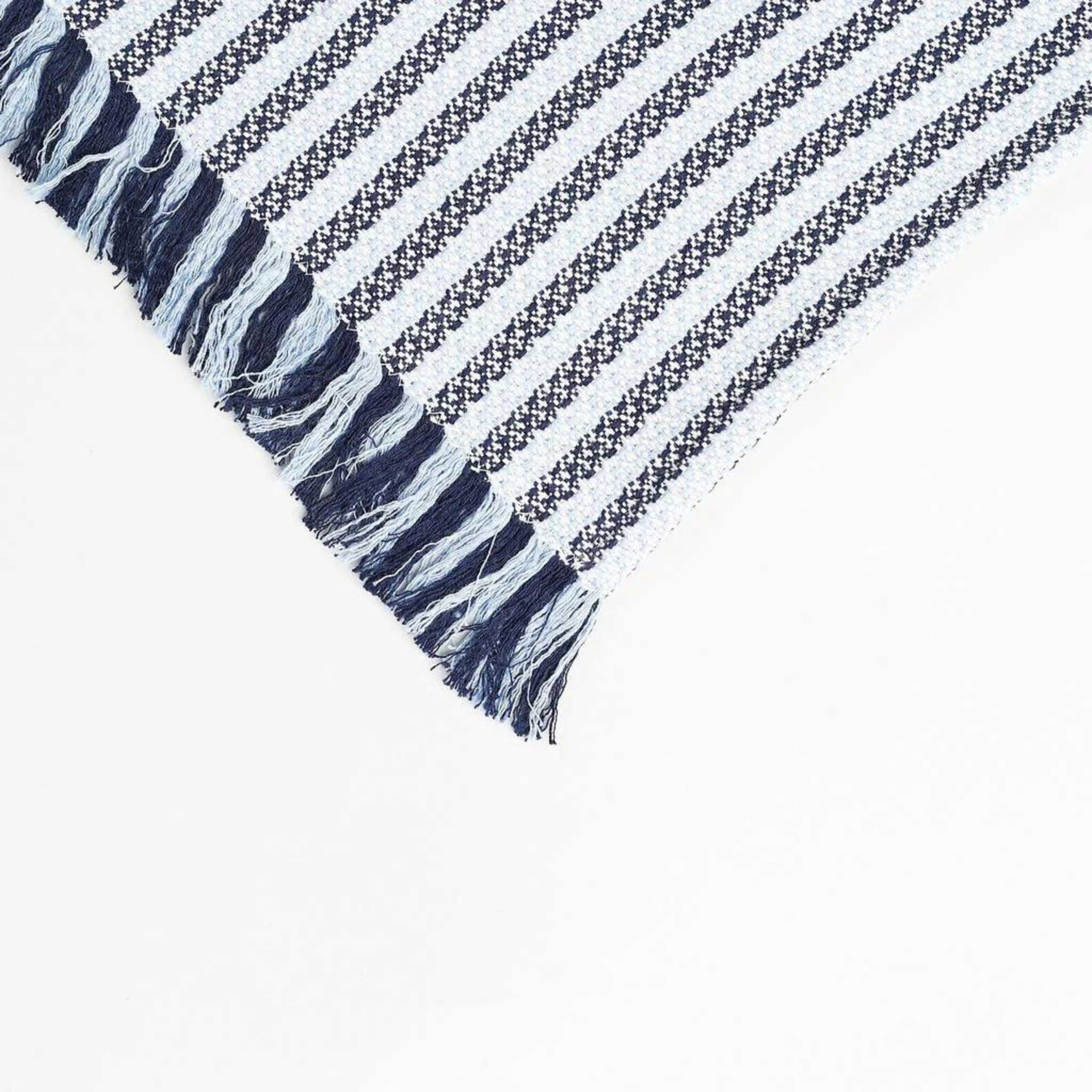 dark and white blue alternating striped throw blanket with short fringe