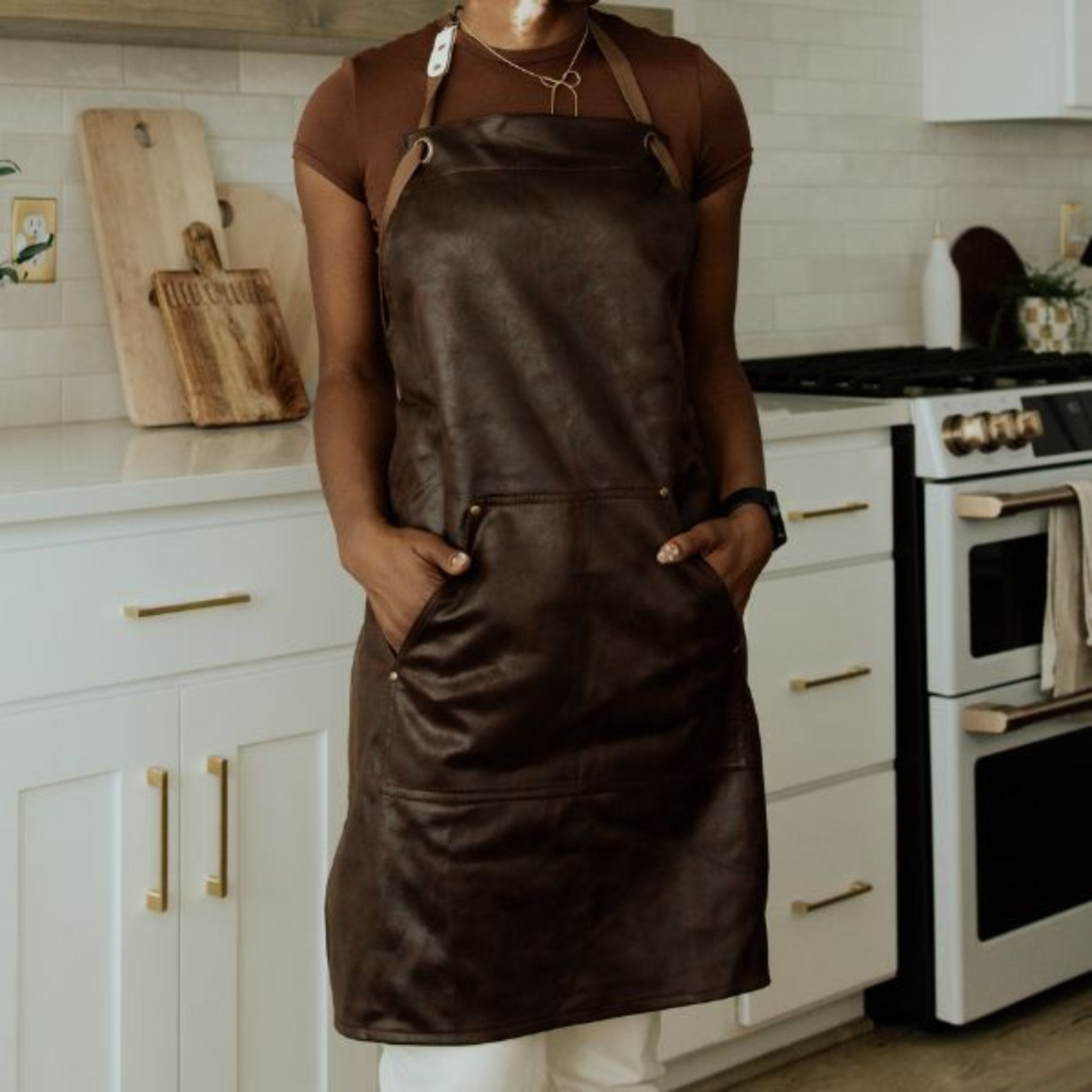 brown denim apron on model