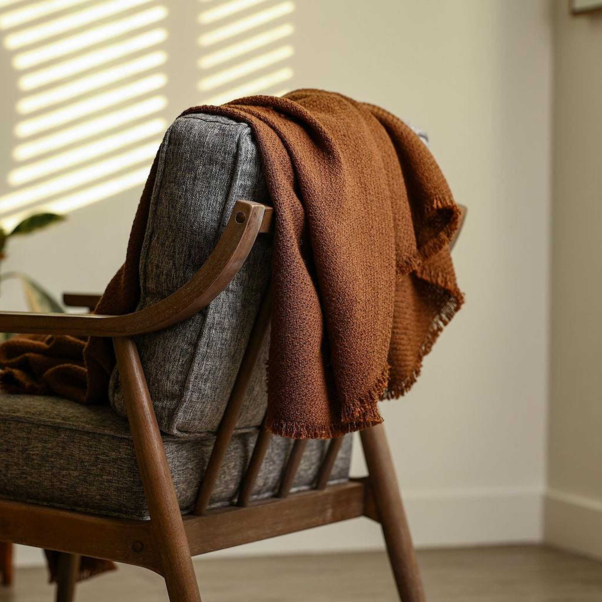 brown colored throw blanket styled over a chair with fringe