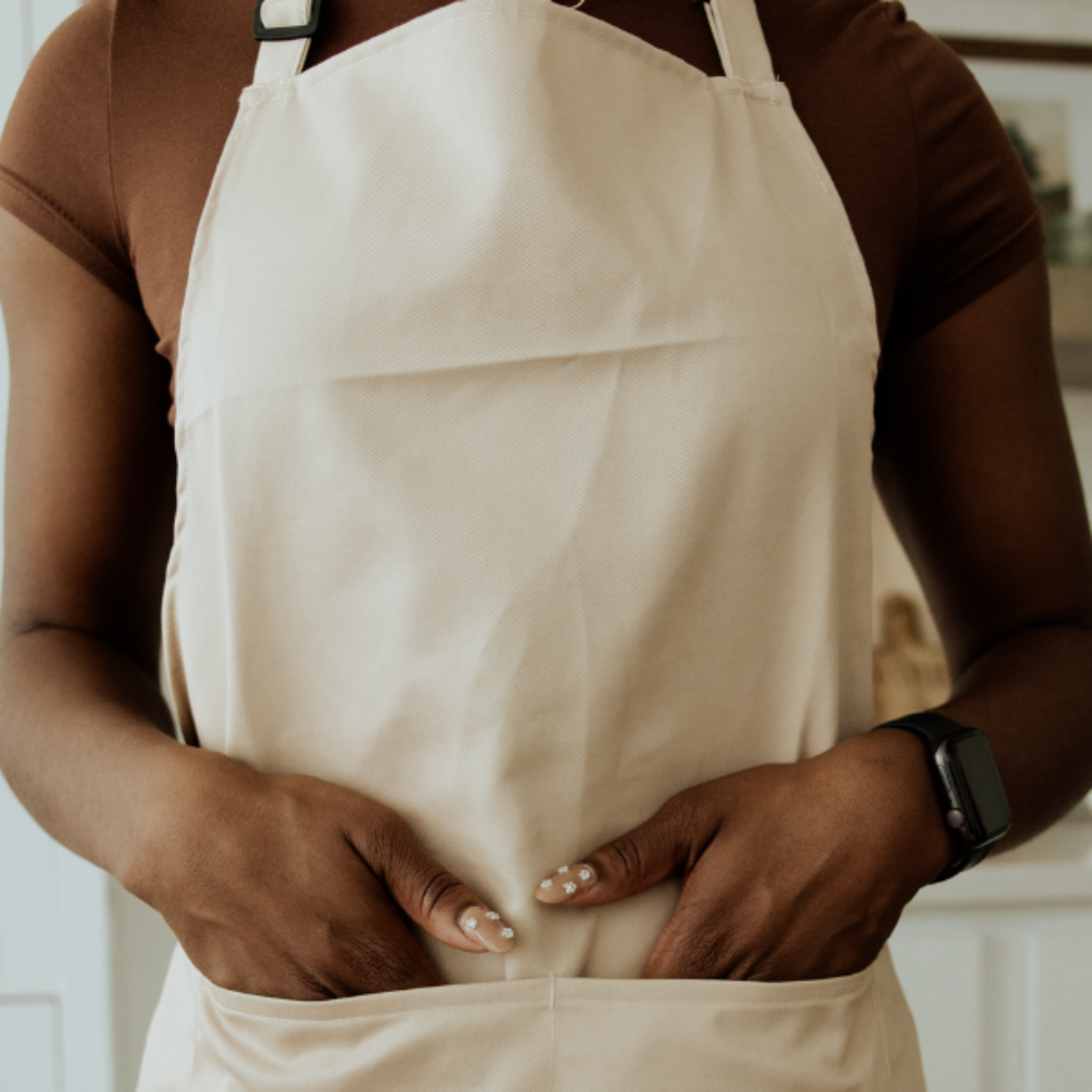 close up of upper tan apron