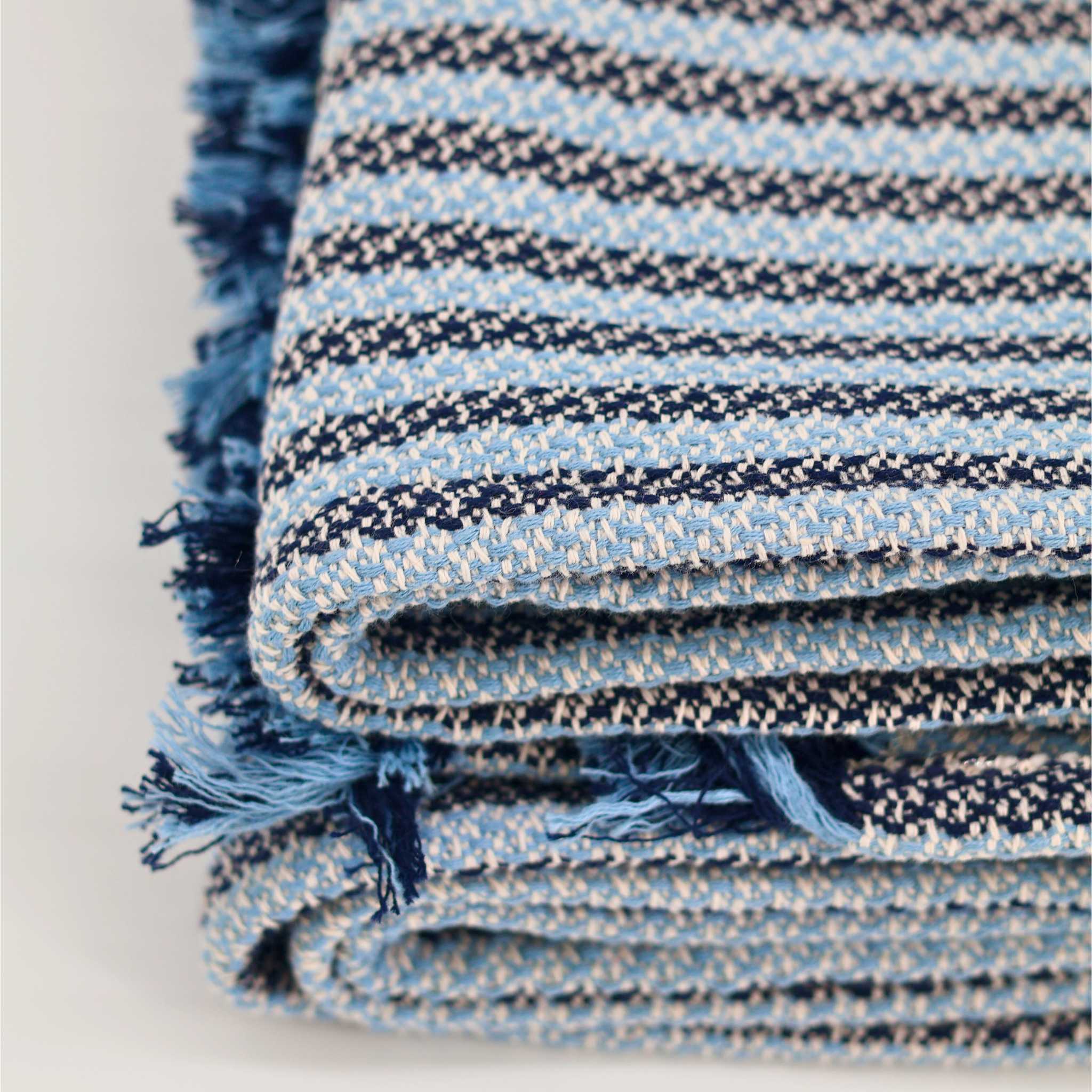 close up image of our detailed throw blanket with colors of dark navy blue and a lighter colored blue and even some white