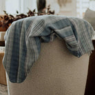 periwinkle throw blanket displayed over a white sofa with striped and blue hues and colors