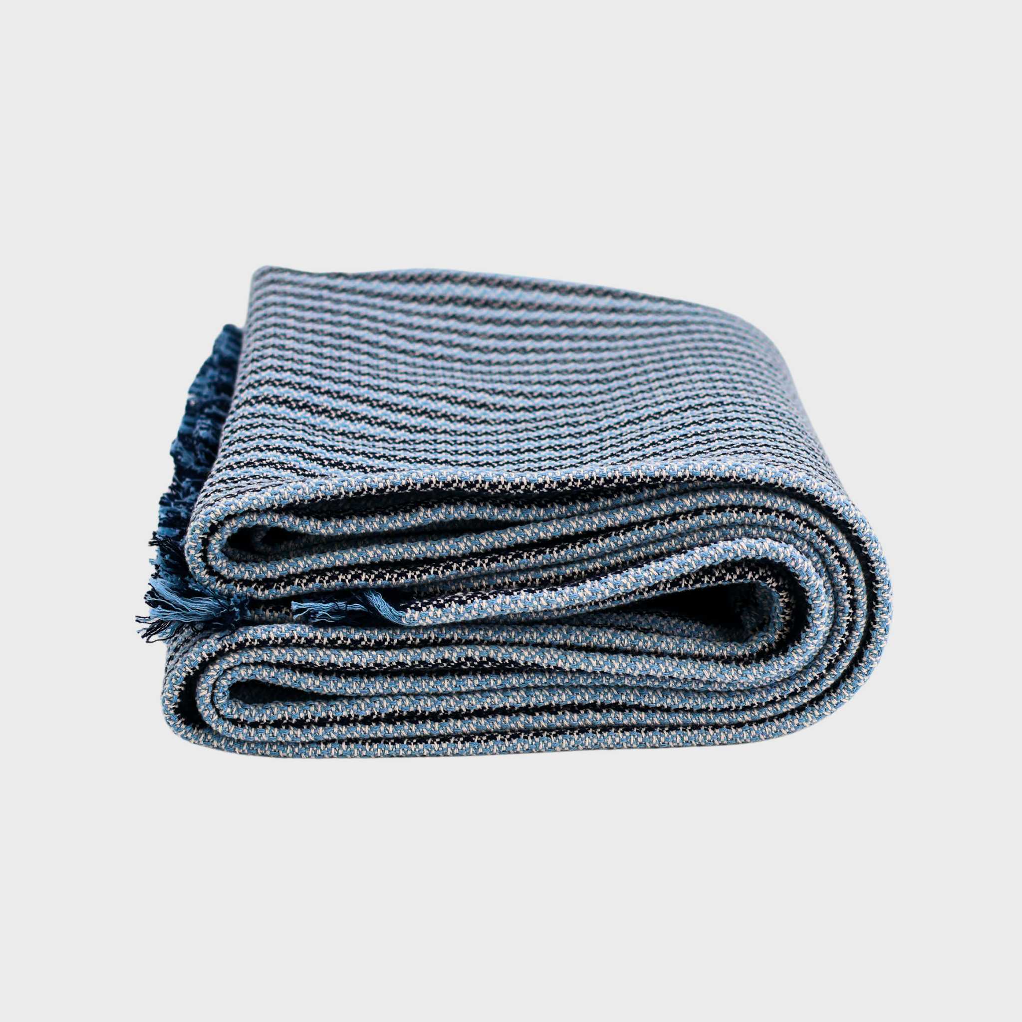 light and dark striped light blue folded throw blanket