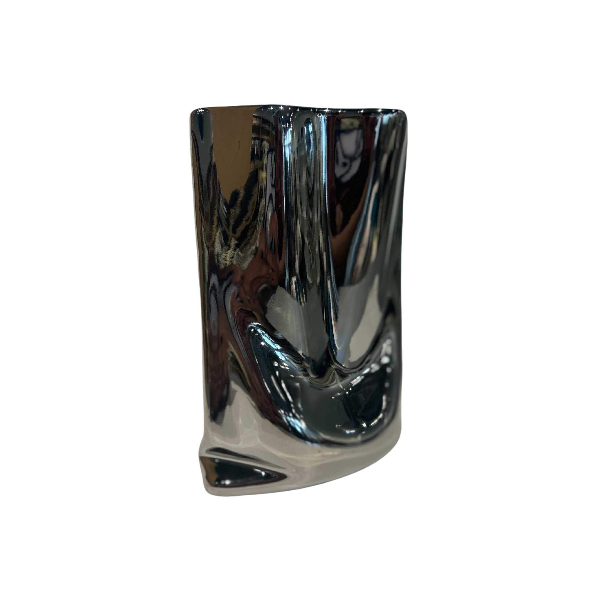 side view of the silver metallic ruffled texture flower vase