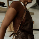 side view of brown denim apron